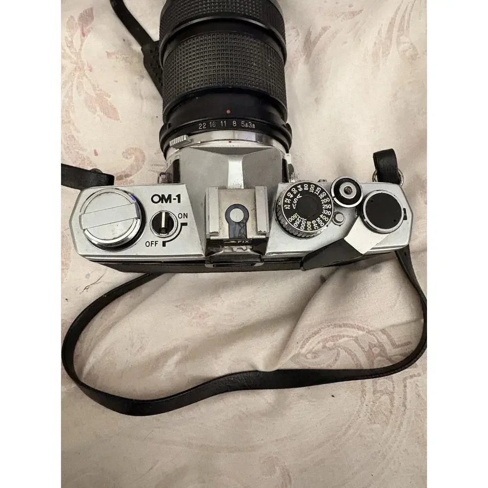 Olympus OM-1 Film Camera W/ Vivitar 75-205mm F3.8 Auto Focus Lens And Arm Sling